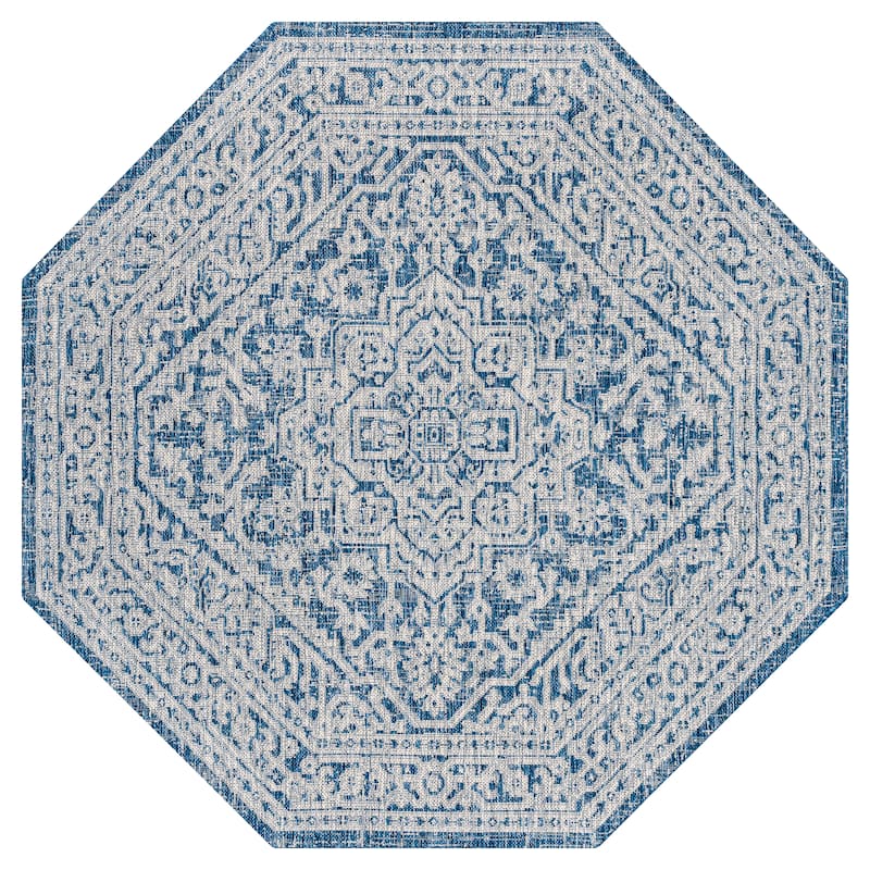JONATHAN Y Rozetta Medallion Textured Weave Indoor/Outdoor Area Rug - 5' Octagon - Navy/Gray