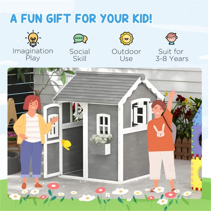 Gray Wooden Kids Outdoor Playhouse with Six Windows Plant Box and Floor for Backyard Fun Ages 3 to 8