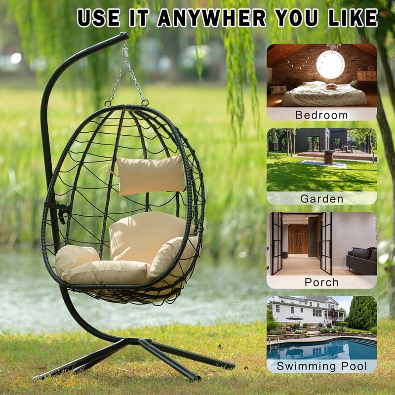 Wicker Hanging Egg Chair with Stand - Boho Swing Chair for Patio, Living Room, Bedroom & Balcony - Beige