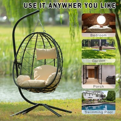 Wicker Hanging Egg Chair with Stand - Boho Swing Chair for Patio, Living Room, Bedroom & Balcony