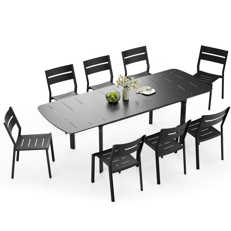 9-Piece Outdoor Patio Dining Set Extendable Rectangular Aluminum Dining Table with Chairs - Black with Armless Chairs