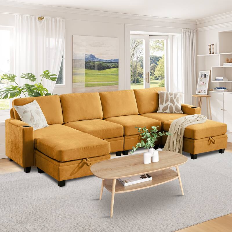 Chenille Sectional Sofa, Hidden Storage & Modular Design