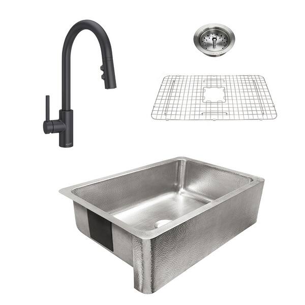 slide 1 of 1, Percy Apron-Front Brushed Stainless Steel 32 in. Single Bowl Kitchen Sink with Pfister Matte Black Stellen Faucet All-in-One Kit