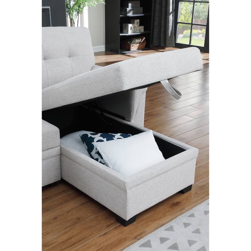 Solid Wood Frame Linen Reversible Sleeper Sectional Sofa with Storage Chaise