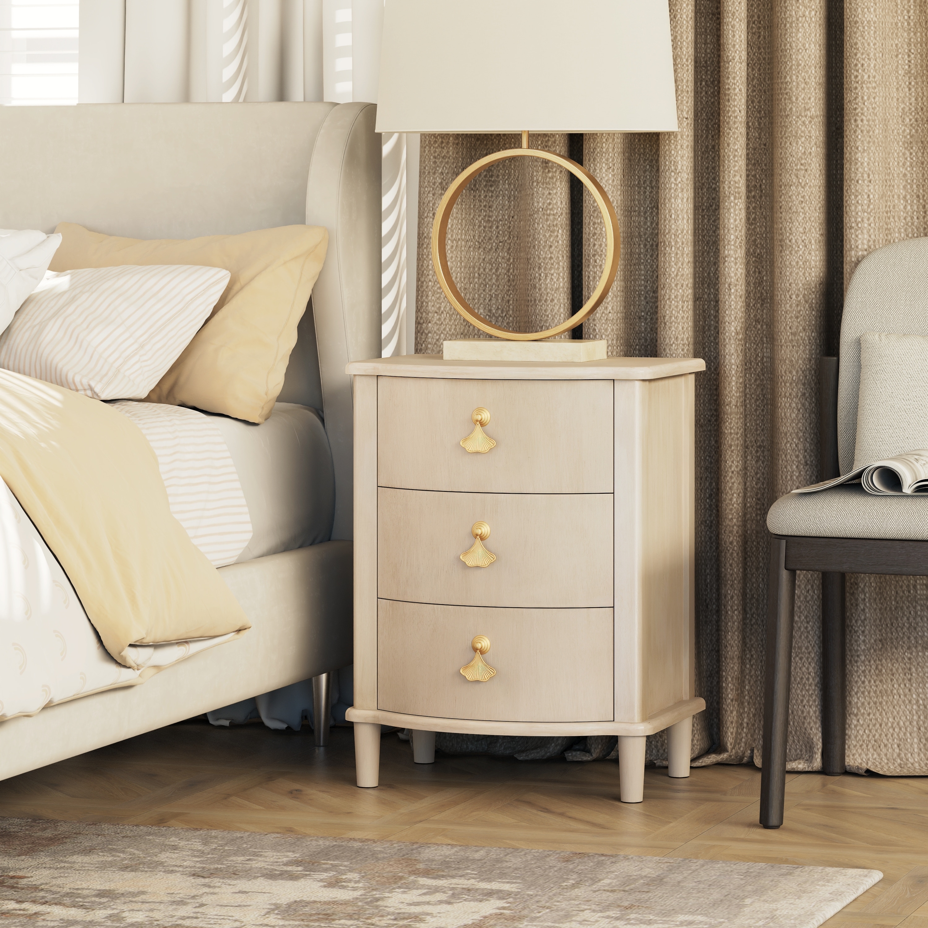 COZAYH Elegant 3-Drawer Nightstand with Gold Leaf Handles, Vintage Curved Front Design, Distressed Finish