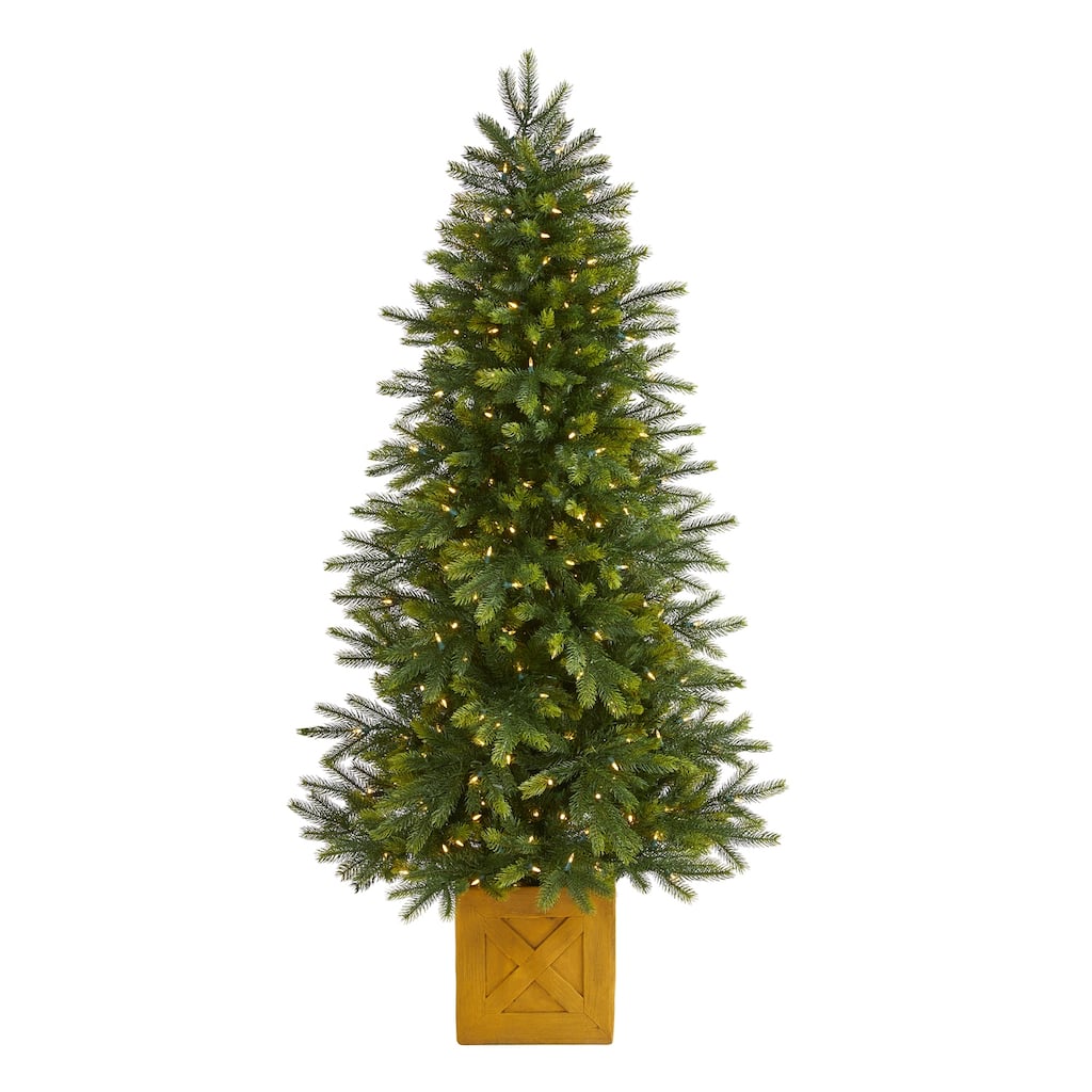 6Ft Artificial Christmas Tree with Lights & Planter - Holiday Decor, Festive Tree, Indoor Xmas Tree - Green - 72