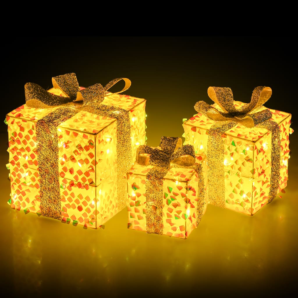 Gymax 3 PCS Christmas Lighted Gift Boxes w/ 90 LED Lights Zip Ties