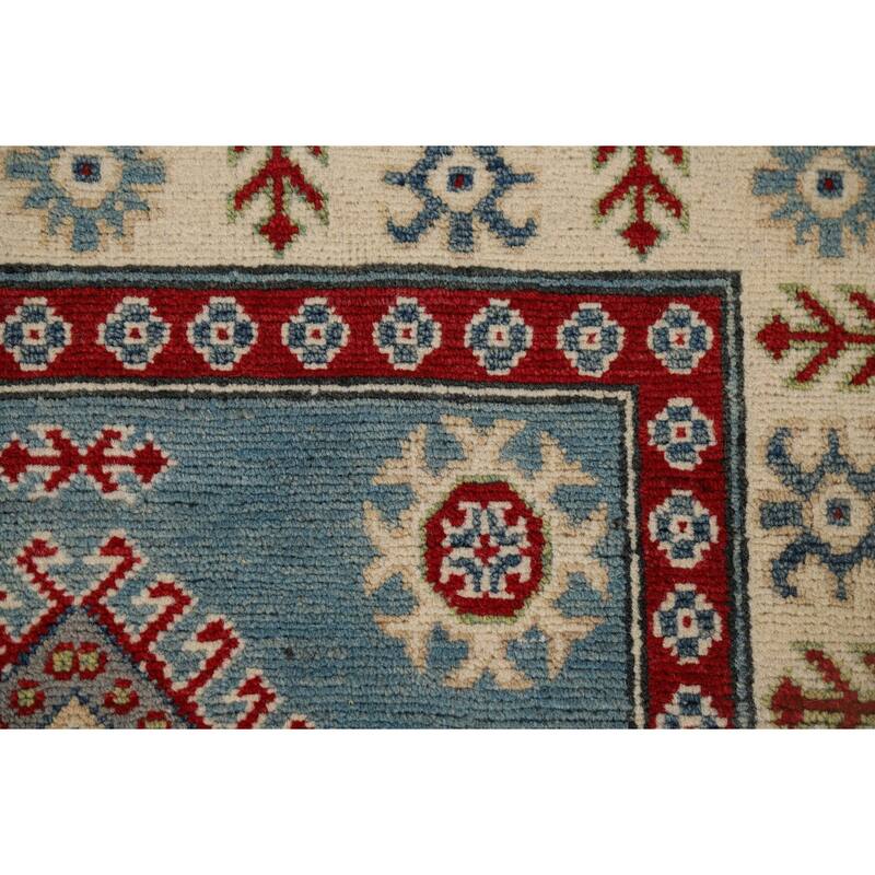 Light Blue Kazak Runner Rug Hallway Hand-Knotted Wool Carpet - 2'10" x 15'2"