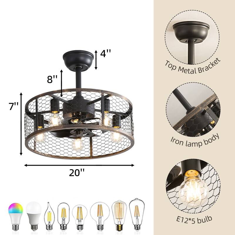 19.7In Classic Ceiling Fan with Light, Remote Control or APP(Bulbs included)