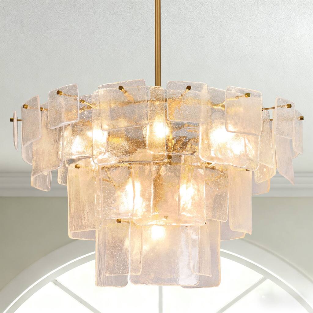 Calyra Modern Luxury 13-Light Tiered Gold Textured Handmade Glass Chandelier for Living Dining Room Foyer