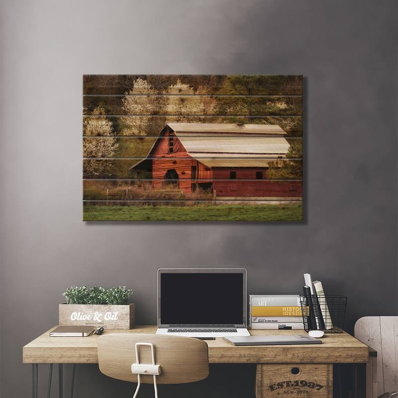 Skylight Red Barn Print On Wood by Andy Amos - Multi-Color