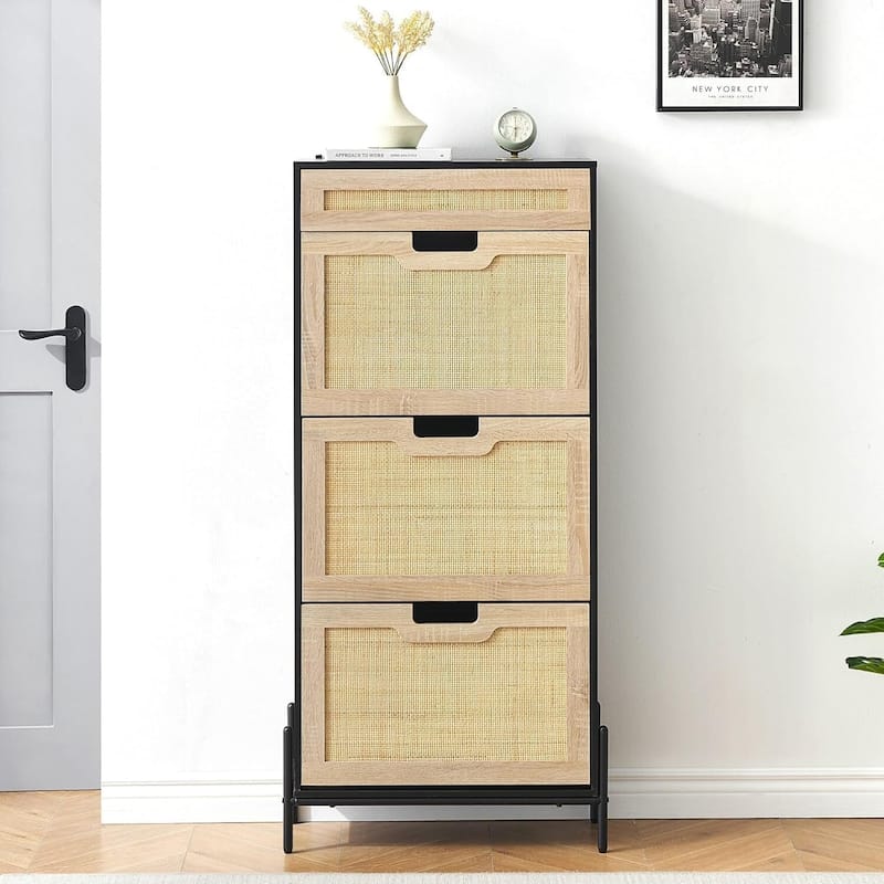 Rattan Shoe Cabinet with 3 Flip Drawers and 1 Small Drawer
