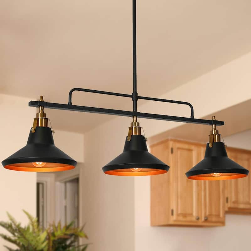 Modern Industrial 3-Light Linear Chandelier Black Gold Metal Pendant Lights for Dining Room - 34'' L x 9'' W x 10.5'' H