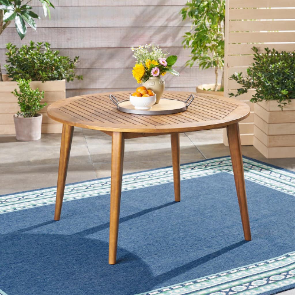 Roomfitters 47.25" Round Acacia Wood Outdoor Dining Table with Slatted Top and Tapered Legs Modern Patio Furniture, Teak