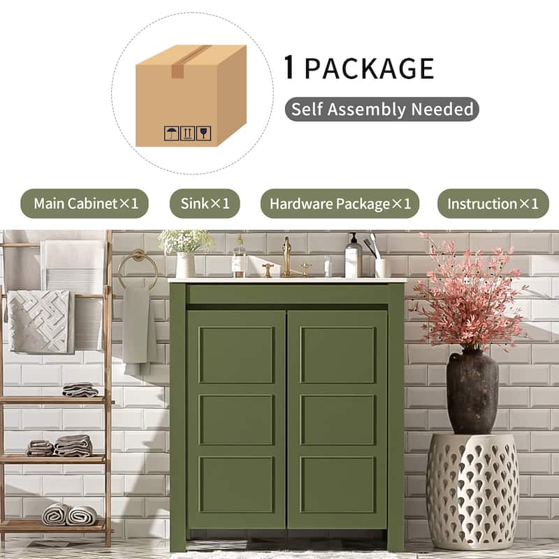 30-Inch Farmhouse-Style Bathroom Vanity with Ceramic Basin, Soft-Close Door, Customizable Shelf & Olive Green Storage Cabinet‌