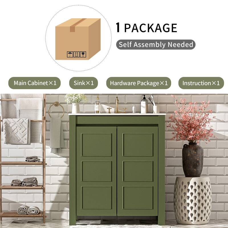 Roomfitters 30" Farmhouse Bathroom Vanity with Ceramic Sink, Soft-Close Door, Adjustable Shelf, Modern Wood Frame