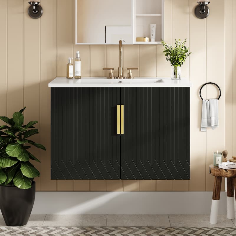 30" Classic Vintage Vanity Set – Ceramic 3-Hole Sink with 2 Soft-Close Cabinet Doors‌ - Black -  30" 