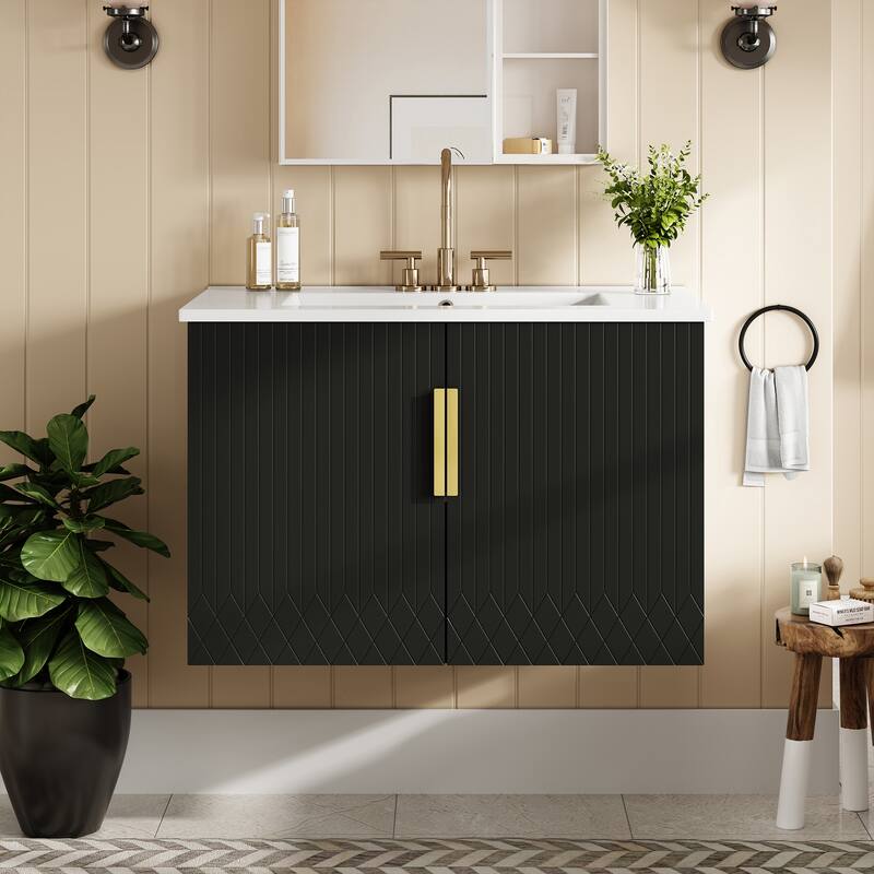 GDFStudio - Millford Modern Bathroom Vanity with Ceramic Sink, Adjustable Storage & 2 Soft Closing Doors - 30'W - Black