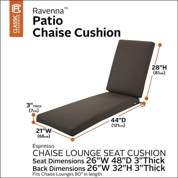 dimension image slide 1 of 6, Classic Accessories Ravenna Water-Resistant Patio Chaise Cushion, 80 x 26 x 3 Inch