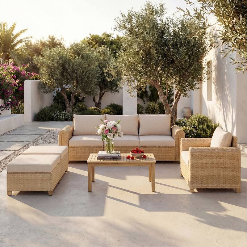 Outdoor Conversation Set Sectional Sofa 7-Piece Patio 3-Seater Modular Sofa Coffee Table Wicker Rattan Acacia Wood with Ottoman