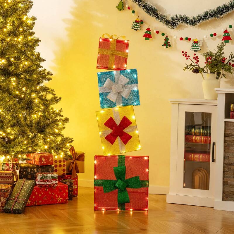 Costway 4 FT Stackable Holiday Present Boxes with LEDs and Bows for - as pic shows - See Details