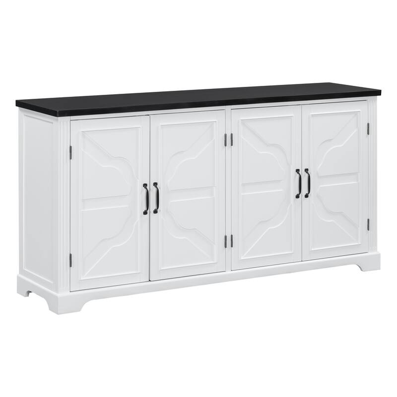 Wooden Sideboard with 4 Pine Doors and Legs, Buffet Cabinet with 4 Metal Handles, Storage Cabinet with Shelves