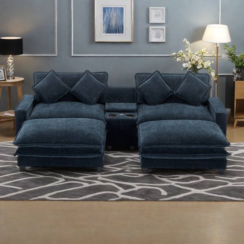 111" Chenille Sectional Sofa with 2 Ottomans, USB Ports and Storage - 4-Seater and Pocket Spring Cushions Cup Holders - Blue