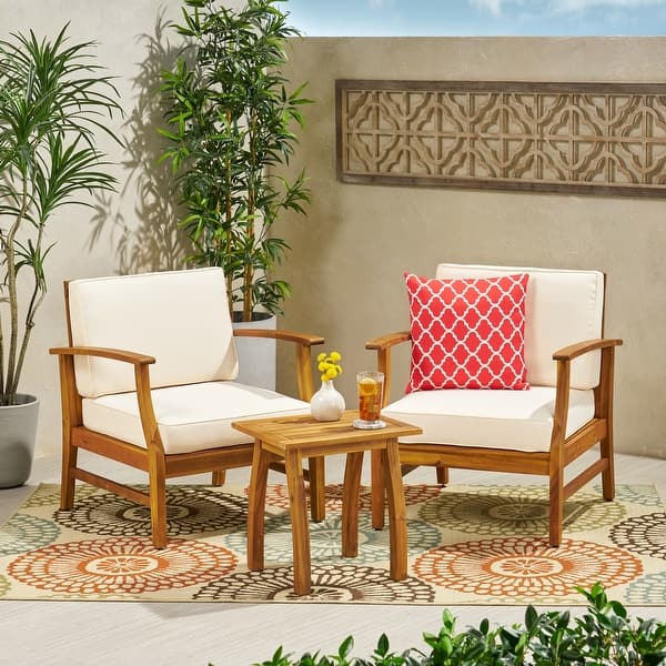 slide 1 of 20, Perla Outdoor 2 Seater Acacia Wood Chat Set with Cushions by Christopher Knight Home