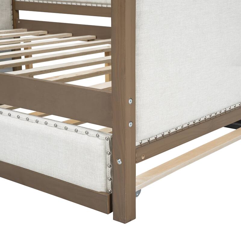 Full Size Linen Daybed with Trundle and Nailhead Decoration