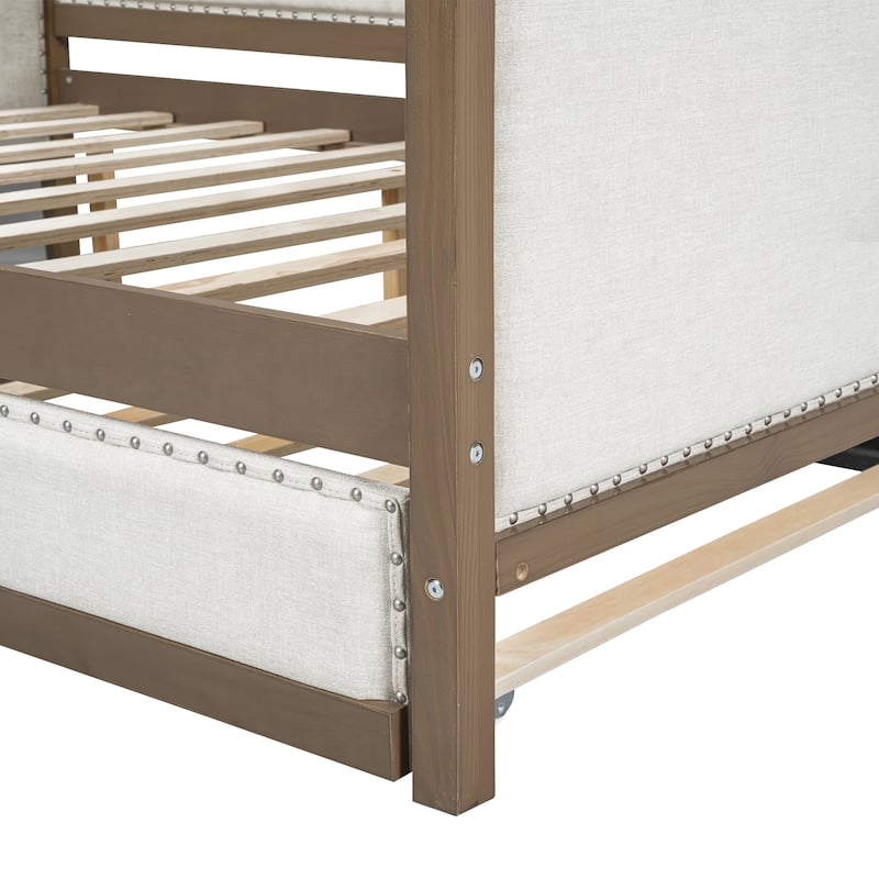 Full Size Upholstered Daybed with Twin Size Trundle and Nailhead Decoration, Linen Fabric Sofa Bed Frame with Wood Slats Support