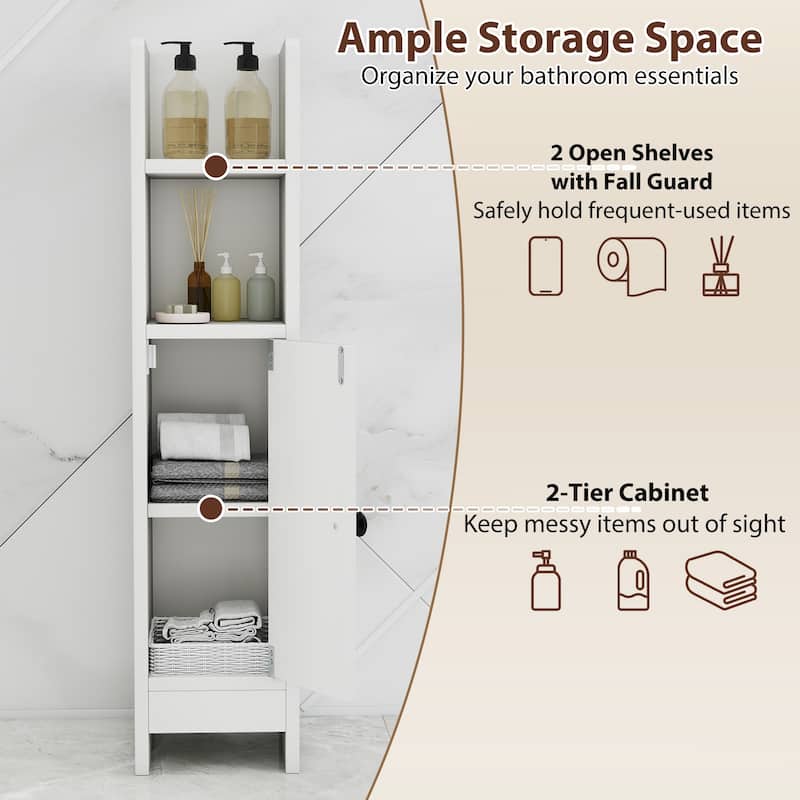 Slim Bathroom Floor Cabinet with Adjustable Shelves Magnetic Door and Open Shelves for Small Spaces - 8" x 7" x 31.5"(L x W x H)