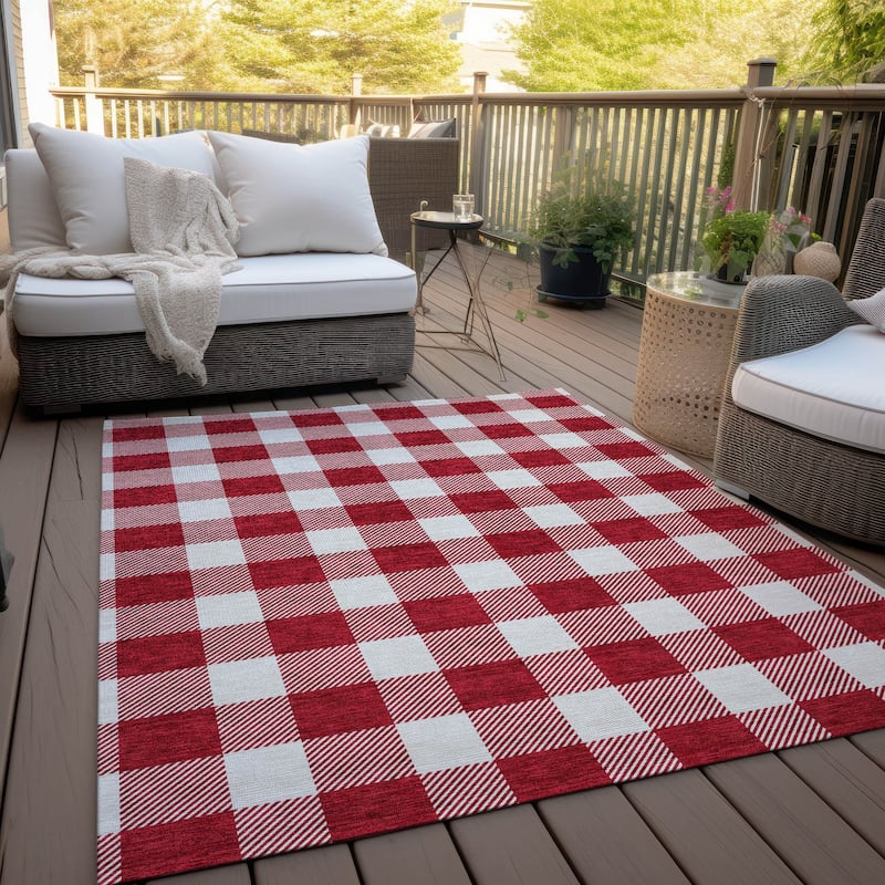 Machine Washable Indoor/ Outdoor Chantille Plaid Rug