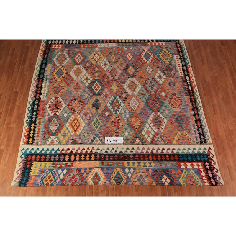 All-Over Geometric Kilim Oriental Area Rug Flatweave Wool Carpet - 8'10"x 11'2"