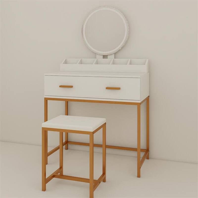 31.5" Wood Makeup Vanity Table with Mirror,Stool and Drawers