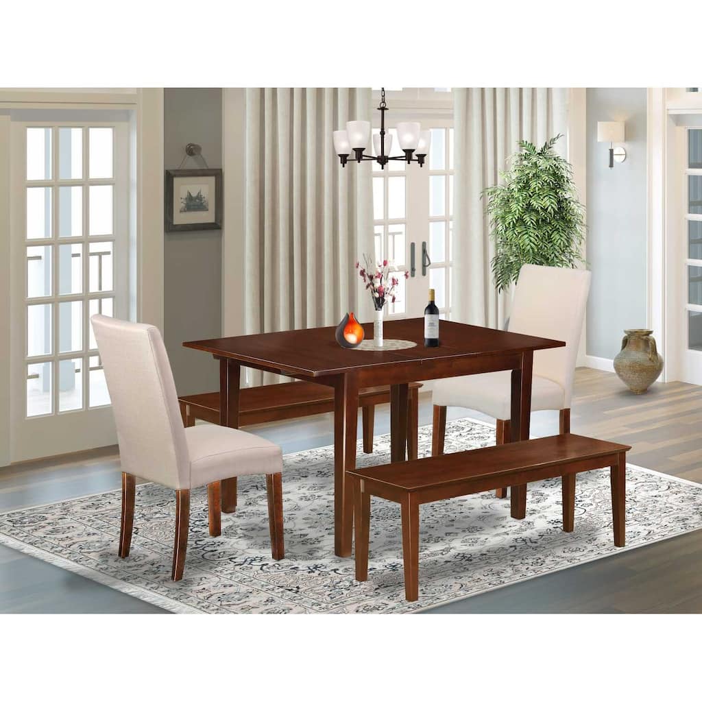 Retro Dining Set 7Pc Rectangle Table & Chairs - Linen Fabric Cream - Mahogany Legs - HomeStock