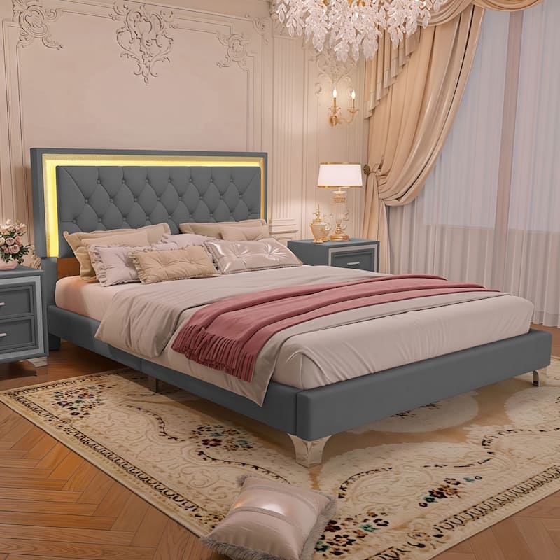 Queen Size LED Upholstered Bed Frame with Tufted Headboard, Modern Velvet Platform Bed, Gray