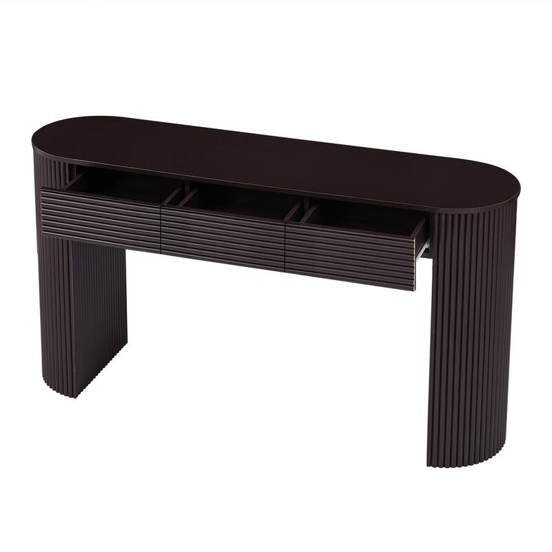Retro Console Table with Storage, 3 Drawers, 1 Table-Leg Niche, Round Slat Aesthetic, Entryway, Living Room & Hallway