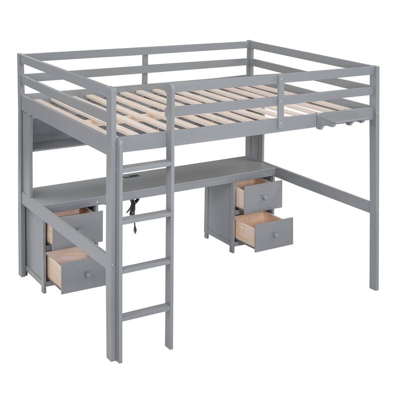 Full Size Loft Bed with Desk, Storage Cabinets, Drawers, Charging Station, Gray