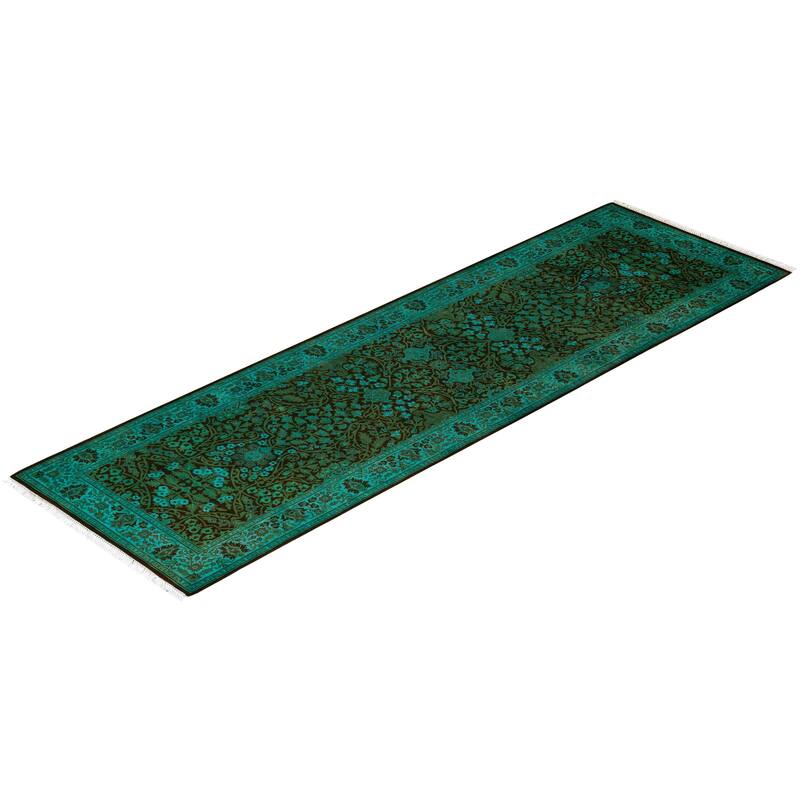 Overton Hand Knotted Wool Vintage Inspired Modern Contemporary Overdyed Green Runner Rug - 2' 7" x 8' 7"