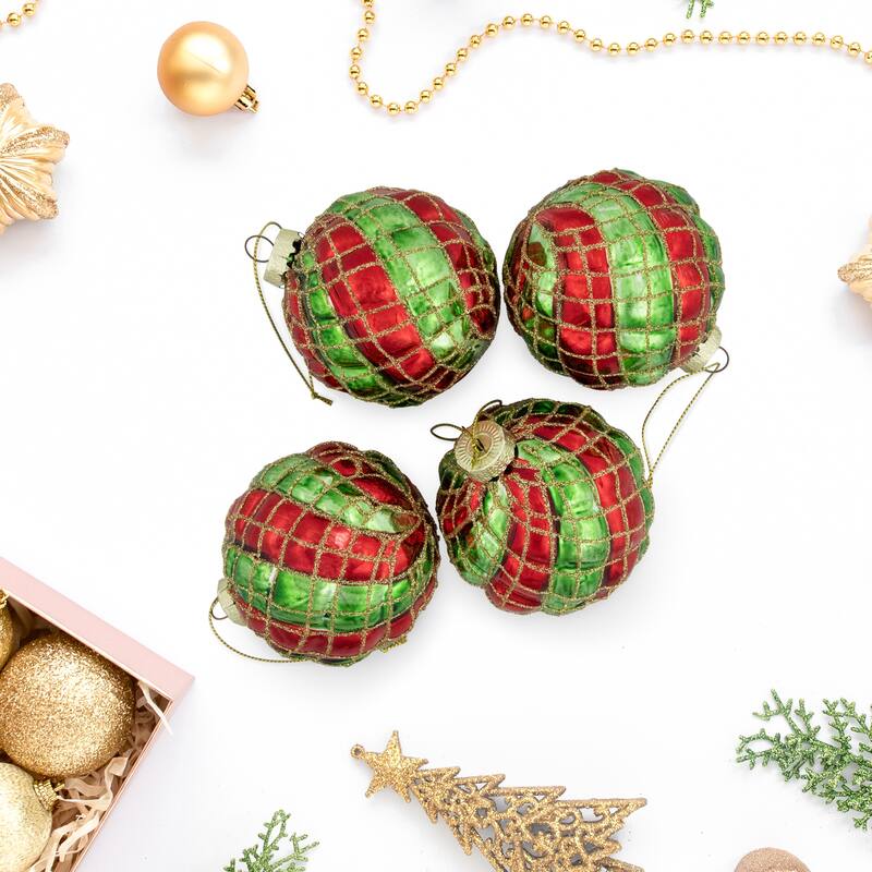 Glitter Lattice Striped Christmas Glass Ball Ornaments - 3" (80mm) - Red and Green - 4ct