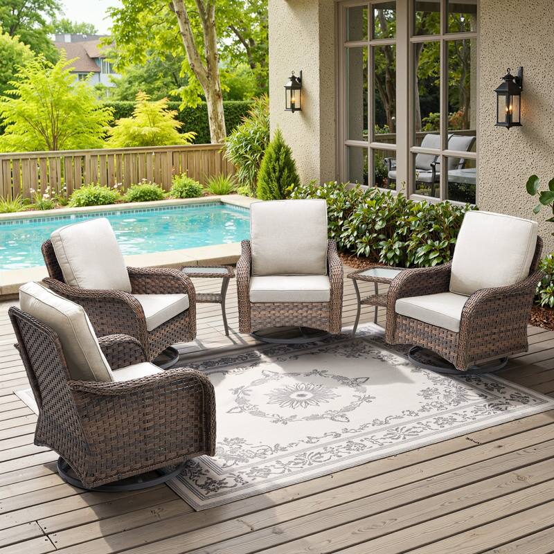 Cavira 6-Piece Brown Wicker Outdoor Patio Swivel Glider Chairs with Side Tables - Beige Cushions - Brown Wicker