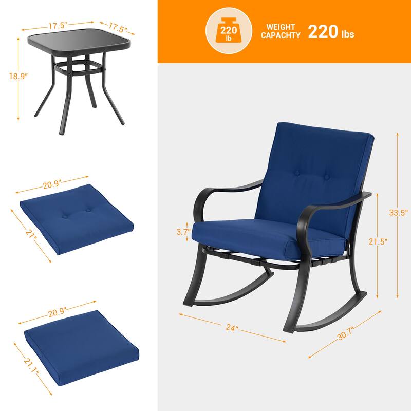 BONOSUKI 3 Pcs Outdoor Rocking Bistro Set Chat Set with Side Table