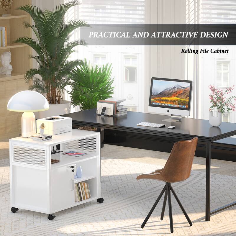 Rolling File Cabinet Lateral Office Filing Cabinets with Charging Station,Modern Printer Stand on Wheels