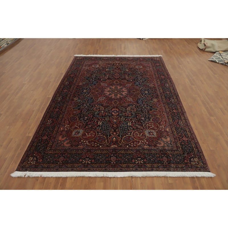Hand Knotted Oriental 100% Wool Carpet Traditional Floral Navy Blue & Blues Tabriz Area Rug - 11' 7'' X 7' 9''