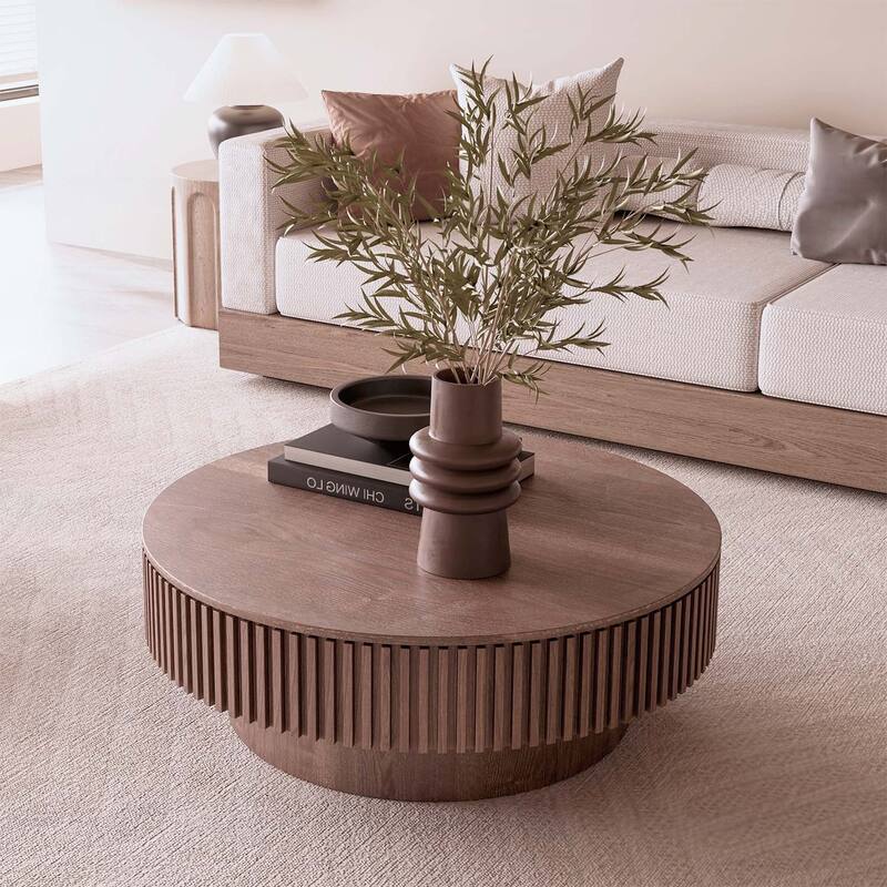 Round Coffee Table with Storage,for Living Room,Bedroom,Apartment or Office - Walnut