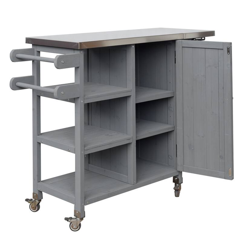 Foldable Outdoor Portable Kitchen Island Cart with Lockable Wheels, Storage Cabinet & Towel Rack