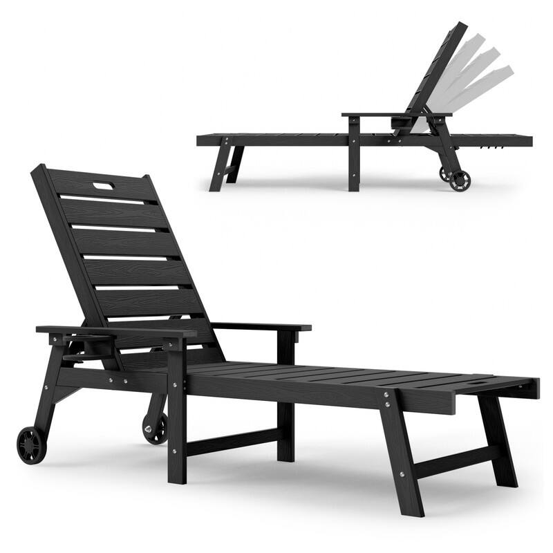 WINSOON All-Weather Outdoor Chaise Lounge Chair, 5-Level Adjustable Backrest with Cup Holder - Black