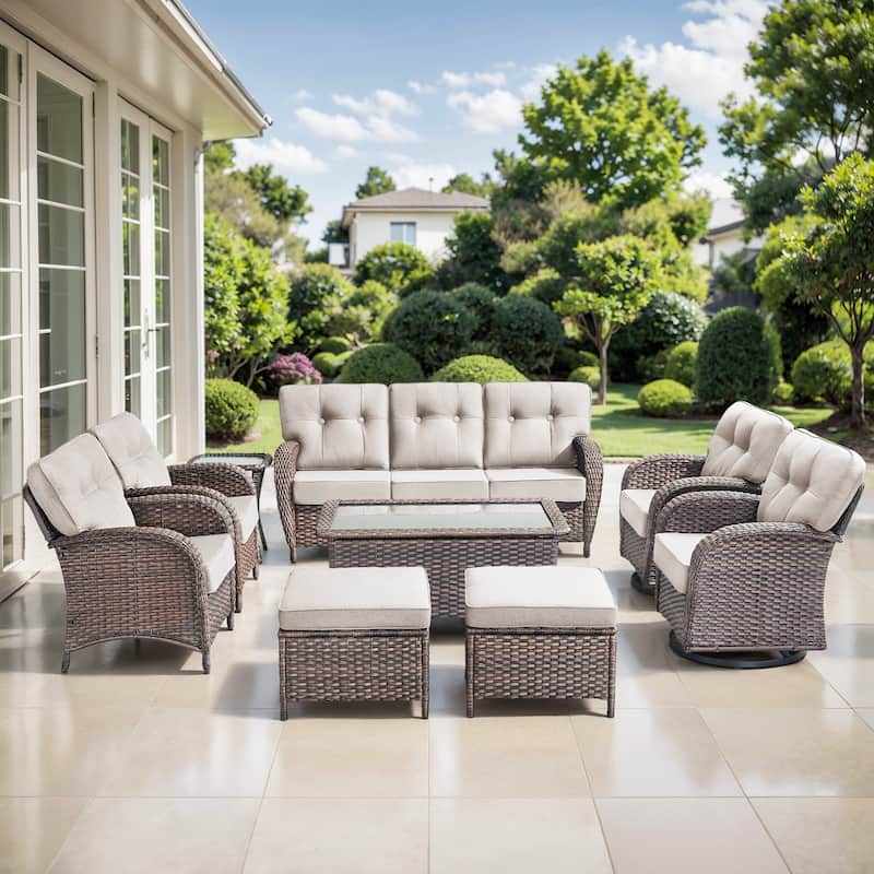 TWrap 9-Piece Patio Brown Wicker Sofa Conversation Set with 5-Inch Thick Cushions - Brown/Beige - 9-Piece