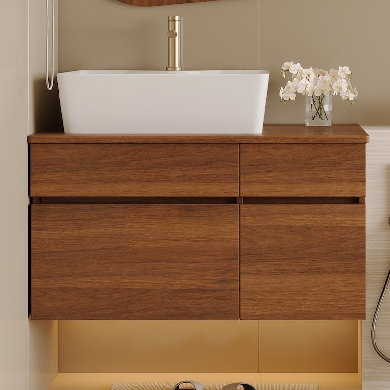 Floating Single Small Bathroom Vanity with Integrated Vessel Ceramic Sink and Multi-layer Storage Solid Wood Cabinet - Walnut