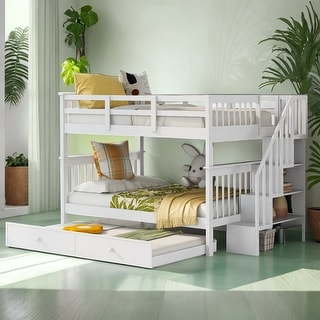 Stairway Full-Over-Full Bunk Bed with Trundle and Storage, White